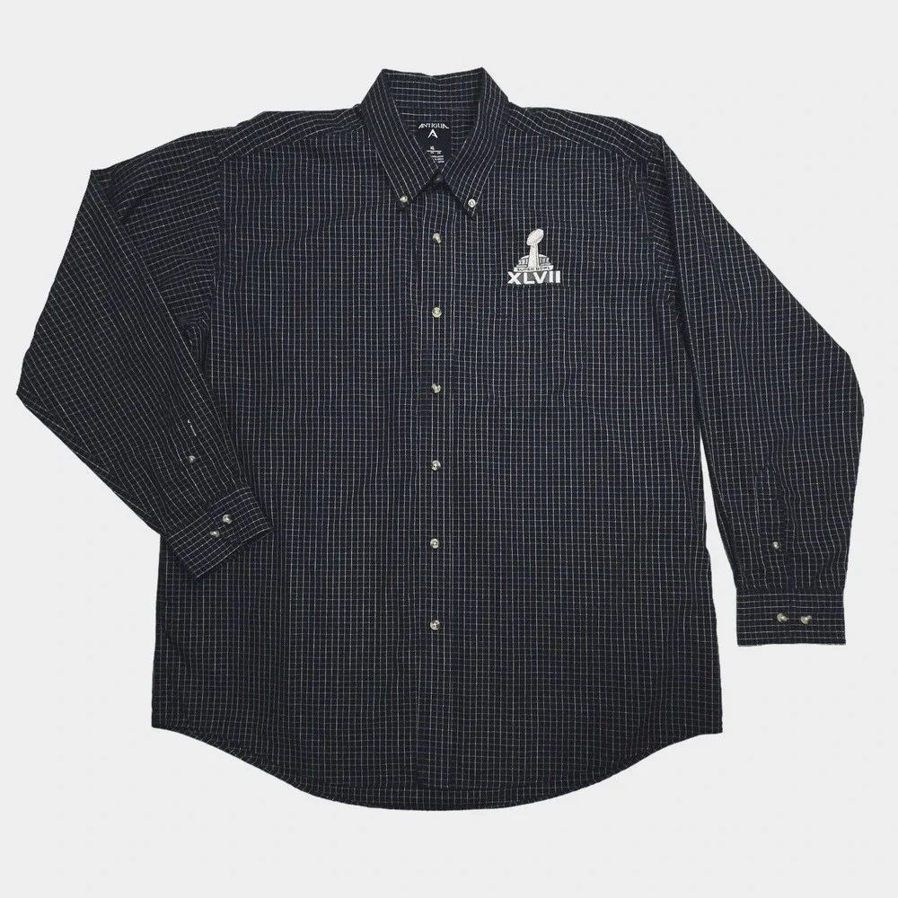 NFL Super Bowl XLVII ANTIGUA Esteem Dress Shirt Men's XL Navy Check Button‎ Down